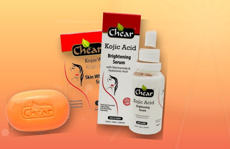 Chear Kojic Acid Brightening Serum and Skin Brightening Soap bar on a warm summer sunlit background