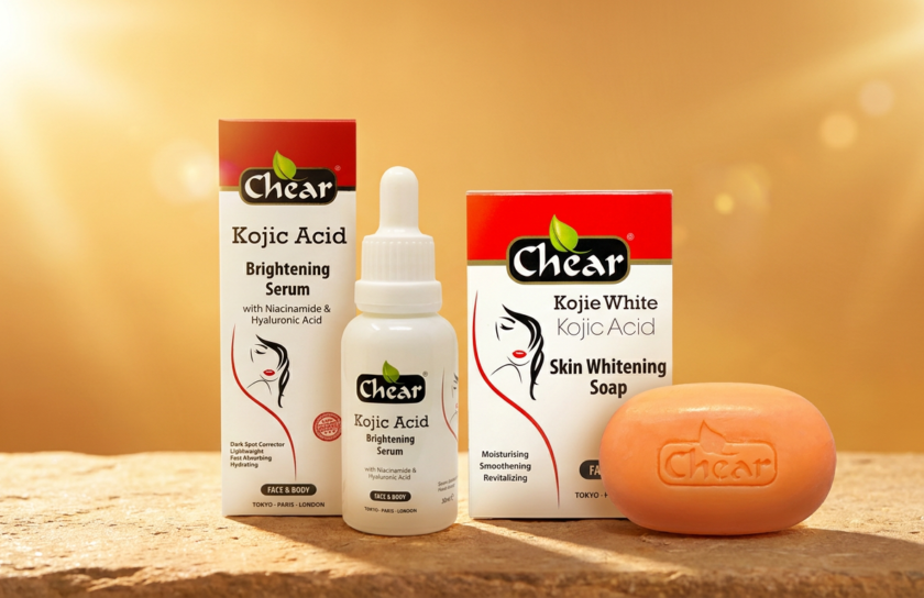 Chear Kojic Acid Brightening Serum and Kojie White Kojic Acid soap bar on a warm sunlit summer background