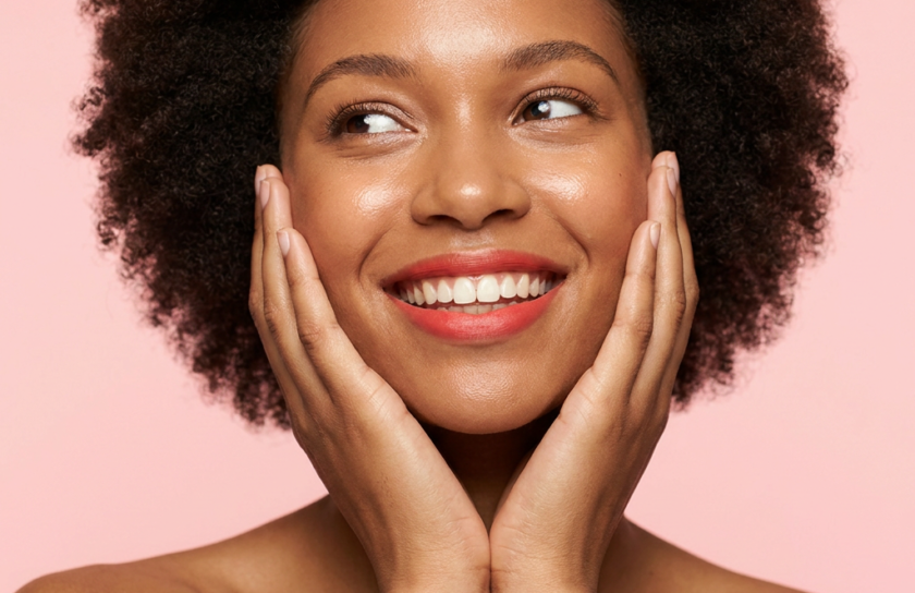 Smiling woman with radiant skin gently touching her face, illustrating the brightening benefits of Vitamin C and Kojic Acid