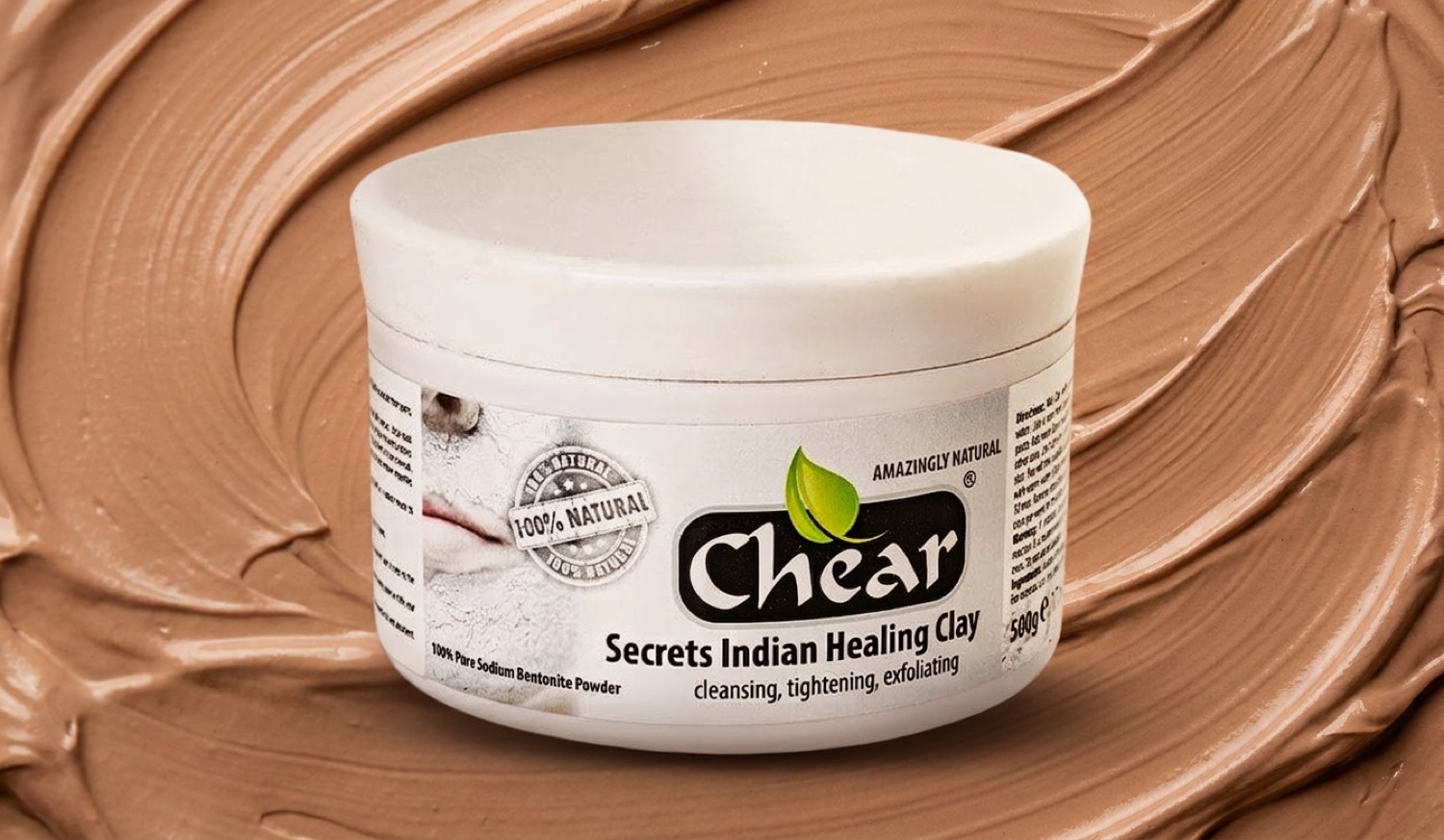 Jar of Chear Indian Healing Bentonite Clay Mask powder for oily skin, on a premium swirled clay texture background