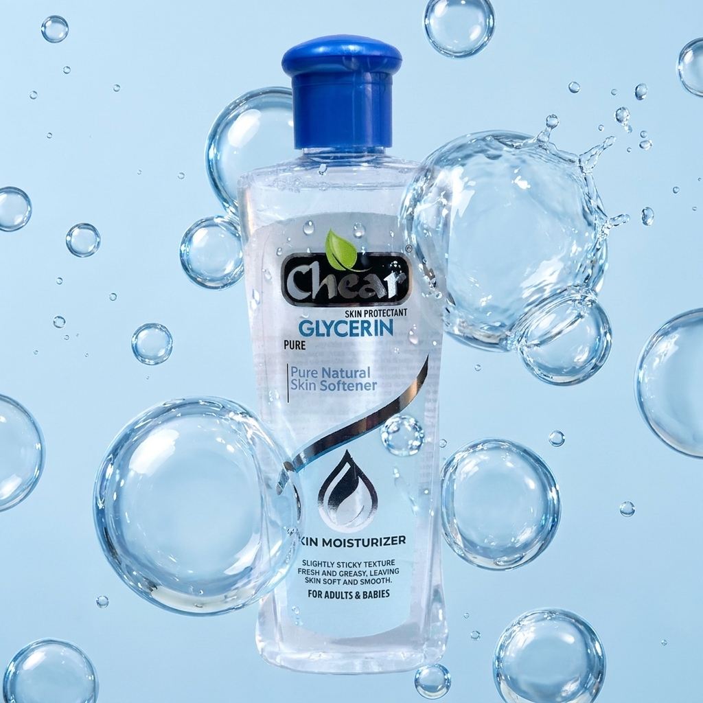 Chear Pure Glycerin Skin Moisturiser bottle floating amid glossy water bubbles on a soft blue background