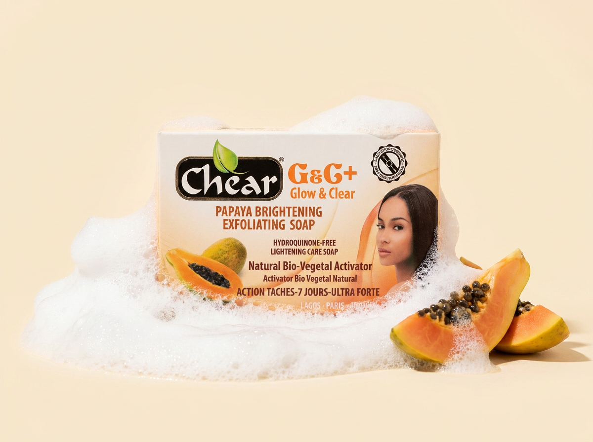 Chear Papaya Brightening Exfoliating Soap in rich cleansing lather with fresh papaya slices
